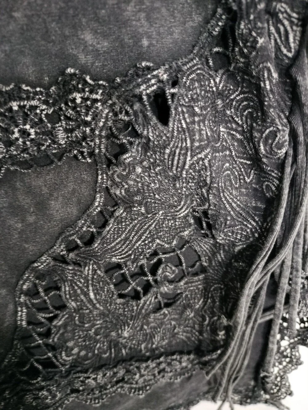 BKE Black Washed Short Sleeve Fringe Lace Tee - Picture 3 of 5